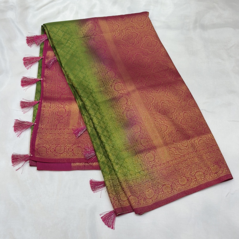 Pink & Green Mix Softy Silk Saree - Image 3