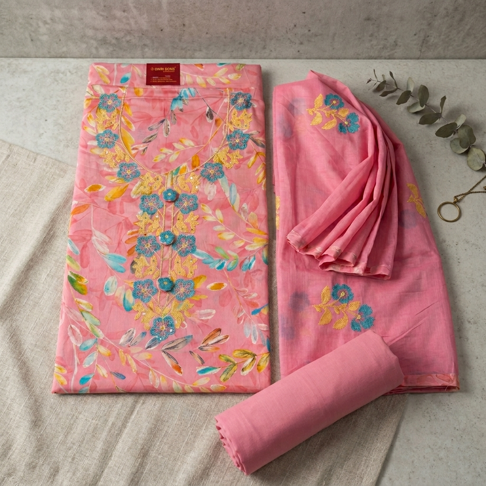 Pink Cotton Un-Stiched Suit Set