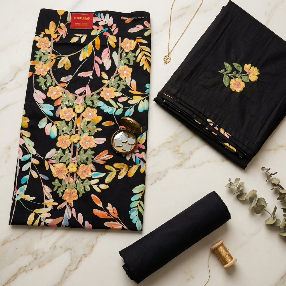 Black Cotton Un-Stiched Suit Set