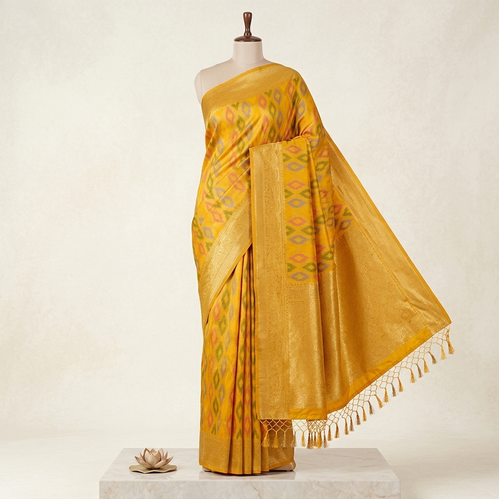 Mustard Yellow Multi Softy Silk Saree